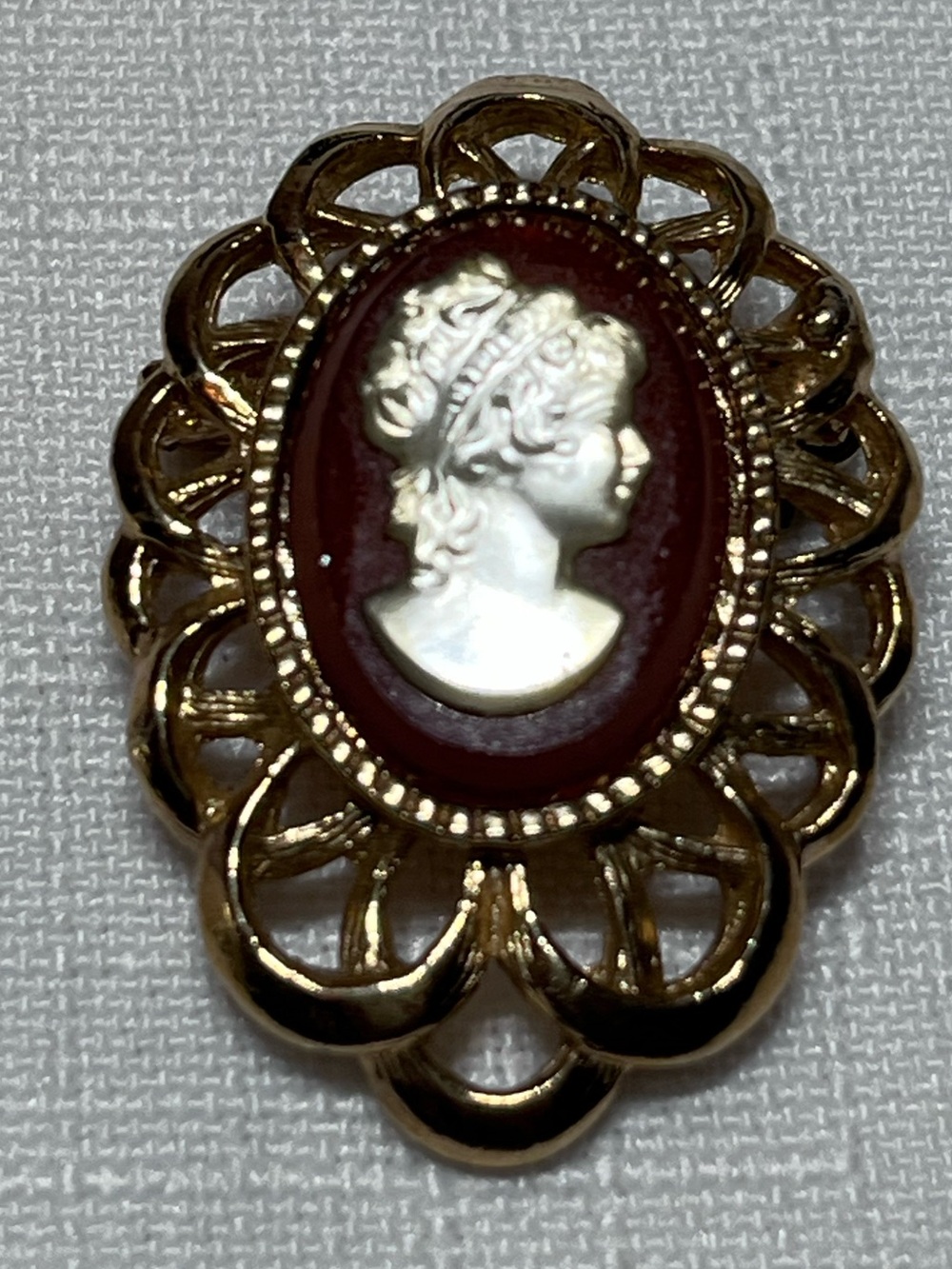 Vintage Gold-Tone and Maroon Cameo Brooch